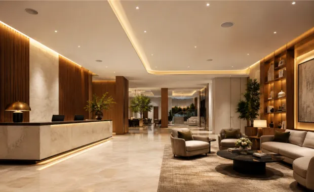 Lobby y recepción de hotel con audio ambiental y pantallas profesionales