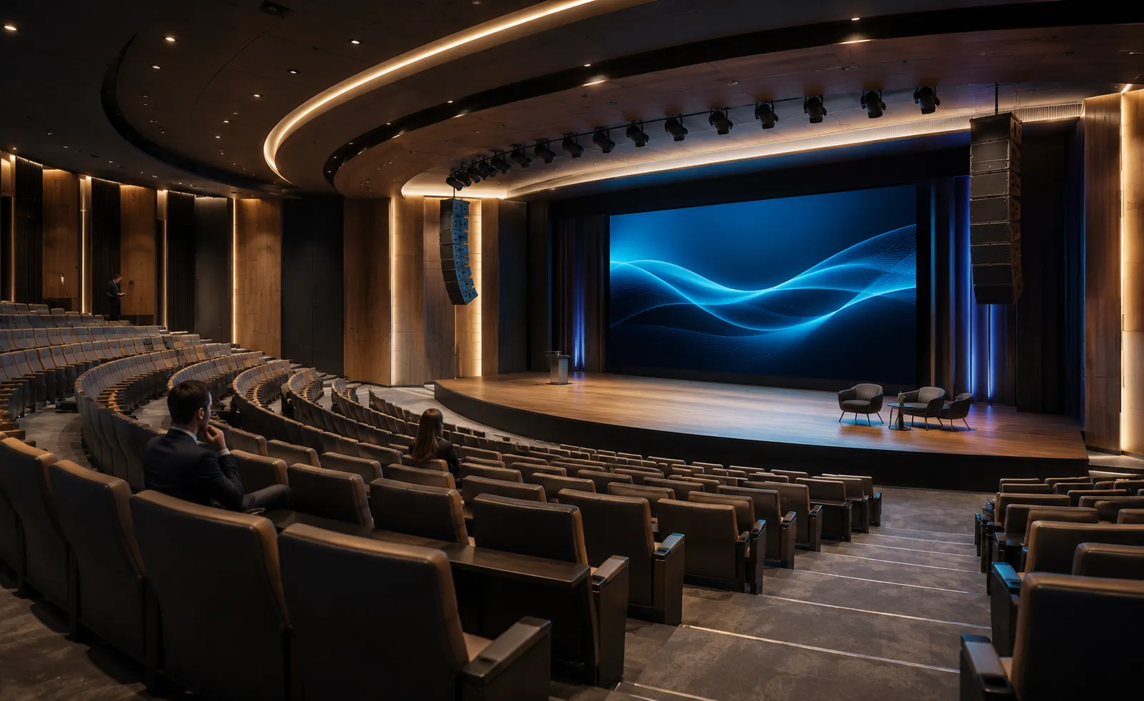 Salón de eventos de hotel con pantalla, audio profesional y microfonía