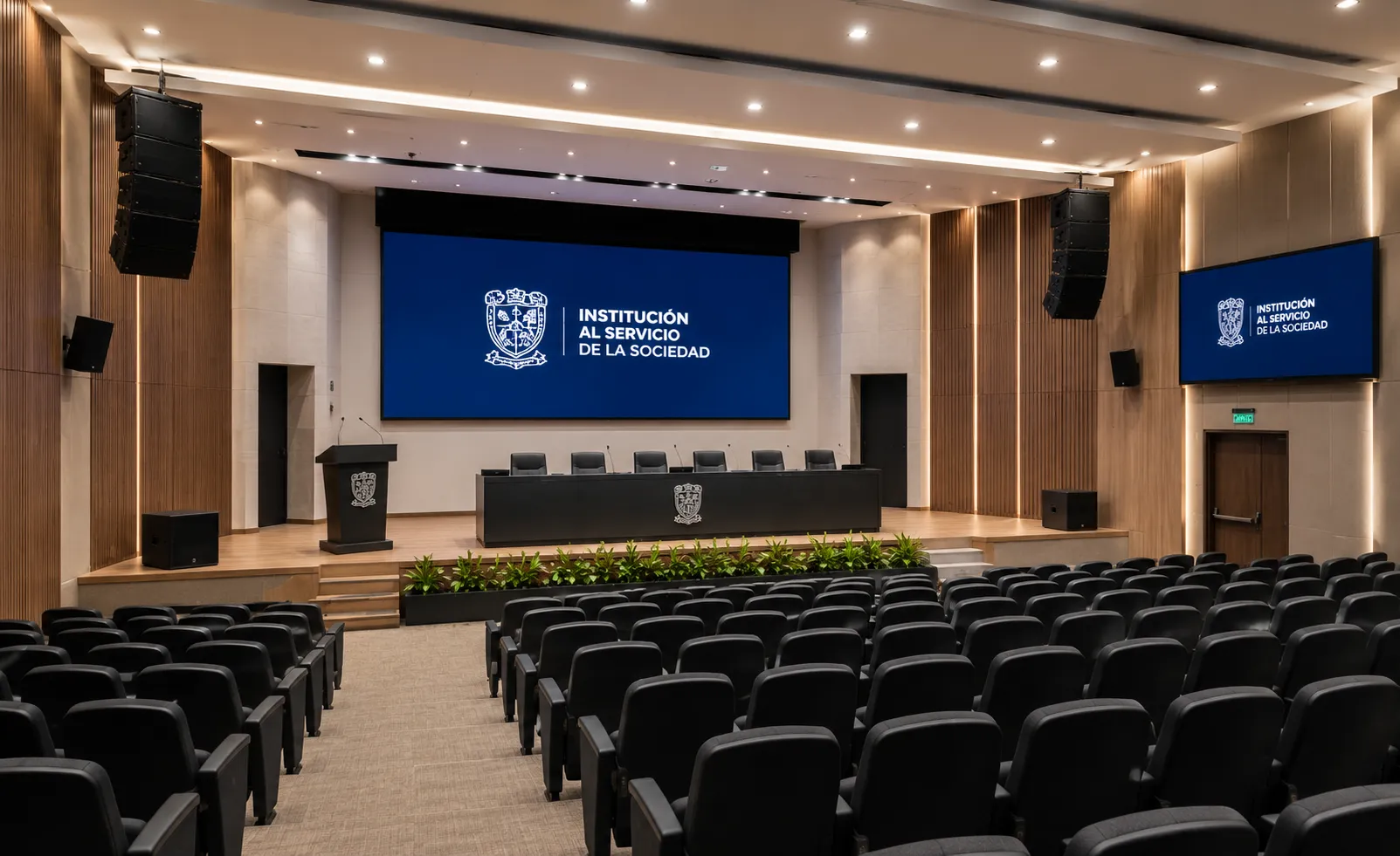 Salón de eventos de hotel con audio, video y microfonía profesional