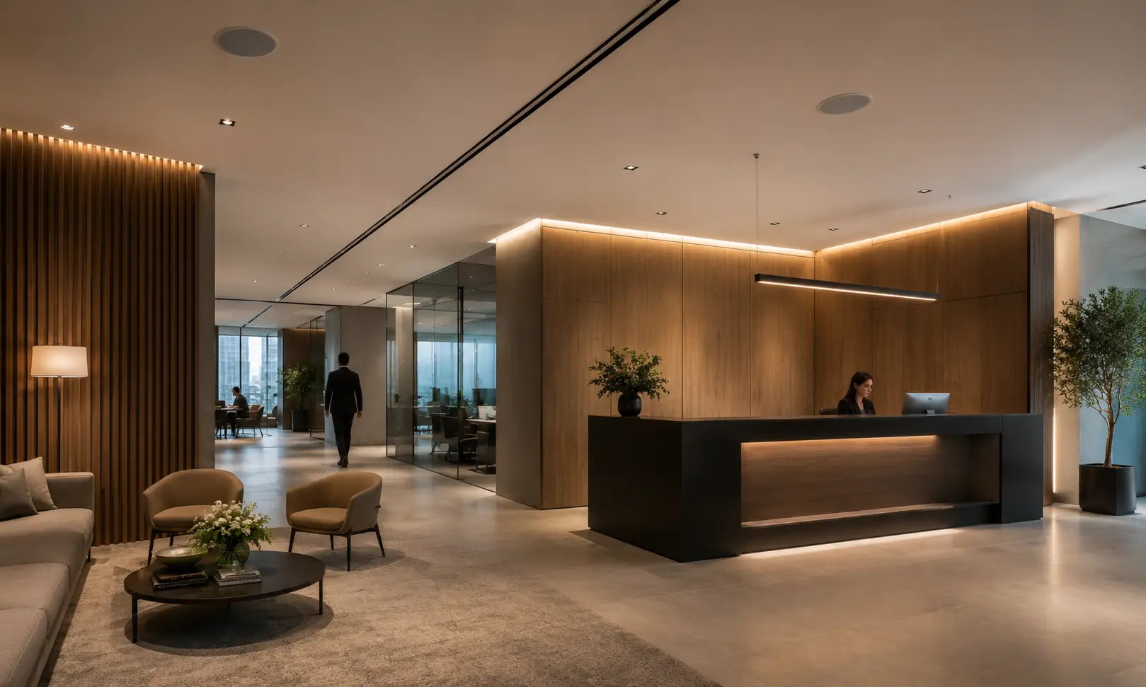 Comedor corporativo con audio ambiental y pantallas informativas