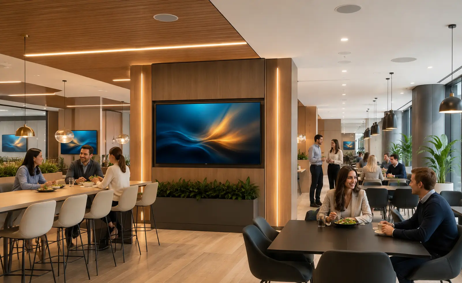 Comedor corporativo con audio ambiental y pantallas informativas