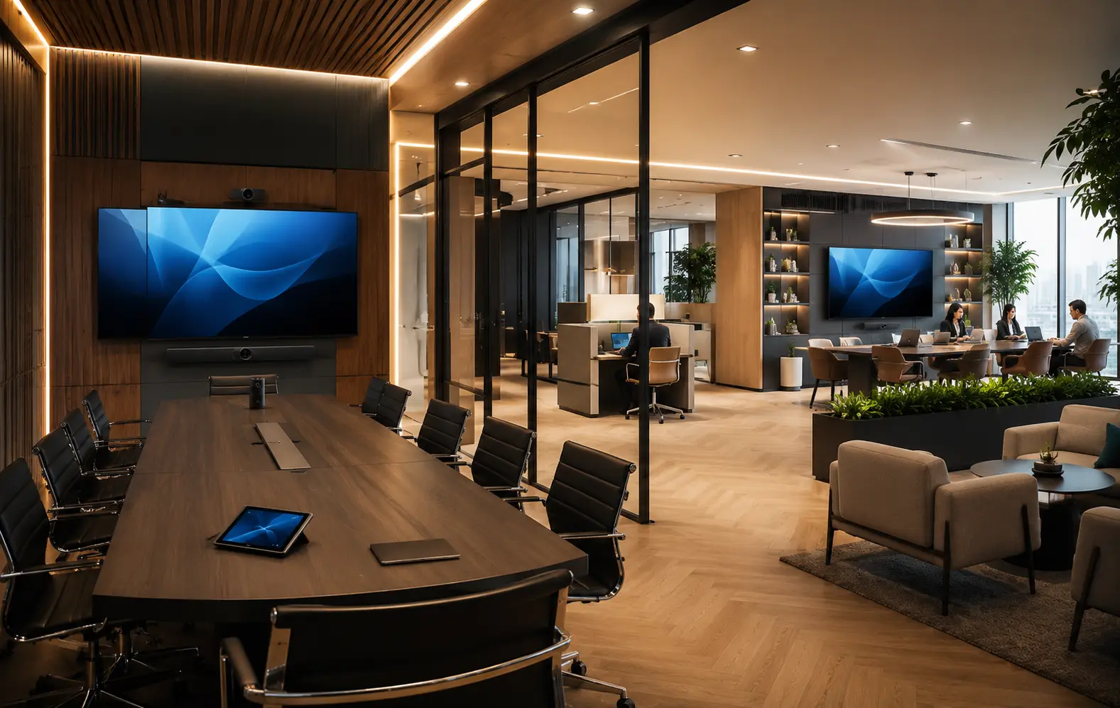 Oficina corporativa moderna con soluciones audiovisuales integradas