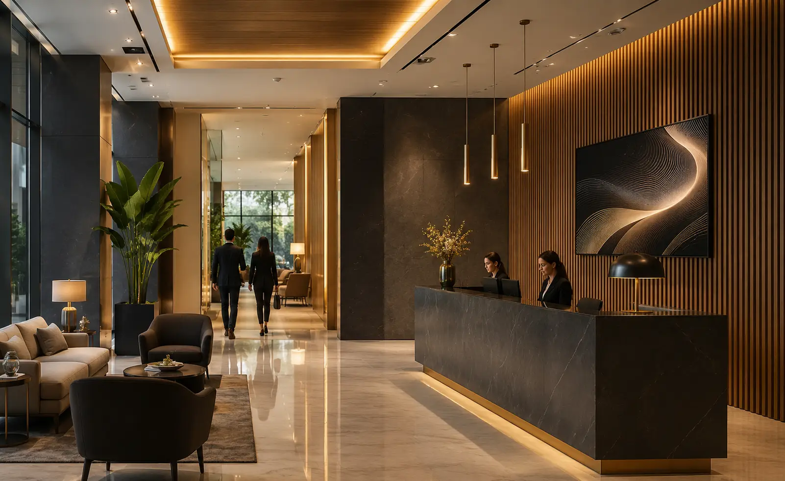 Recepción corporativa con pantalla de comunicación y audio ambiental
