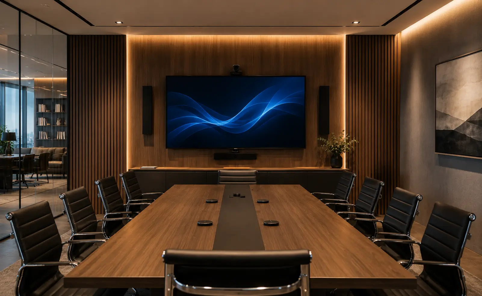 Sala de juntas corporativa equipada con audio y video profesional