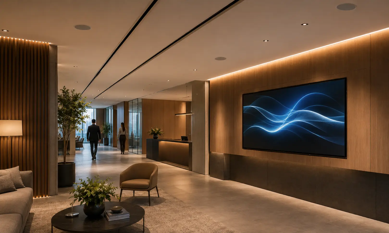 Recepción corporativa con pantalla de comunicación y audio ambiental