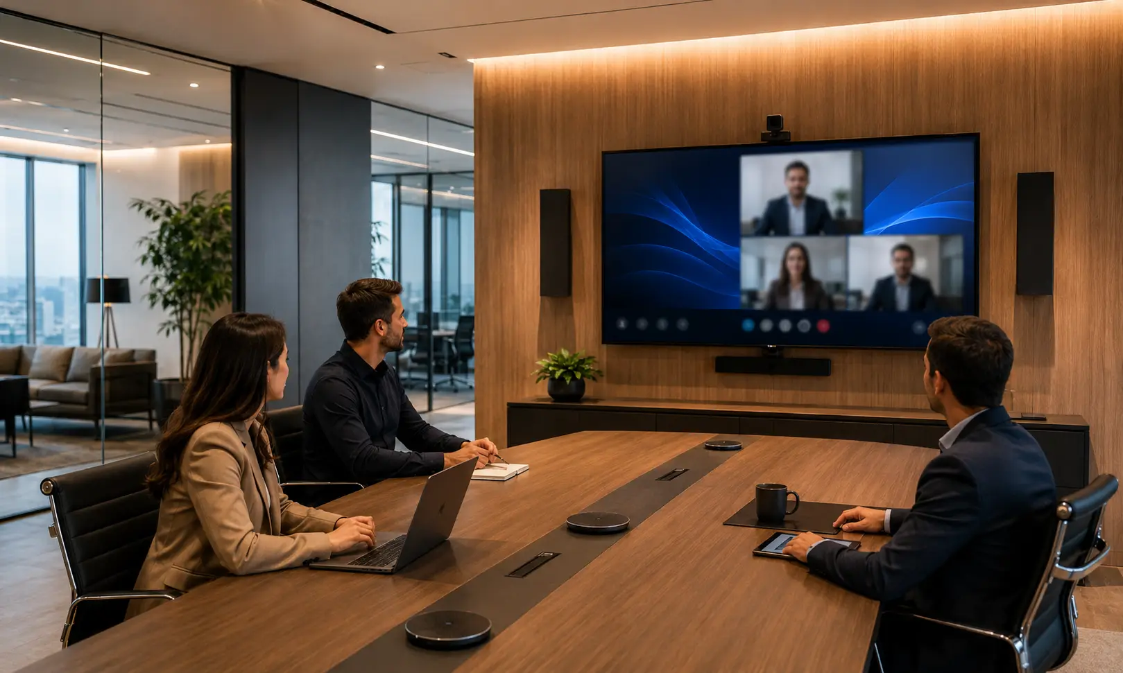 Sala de juntas corporativa equipada con audio y video profesional