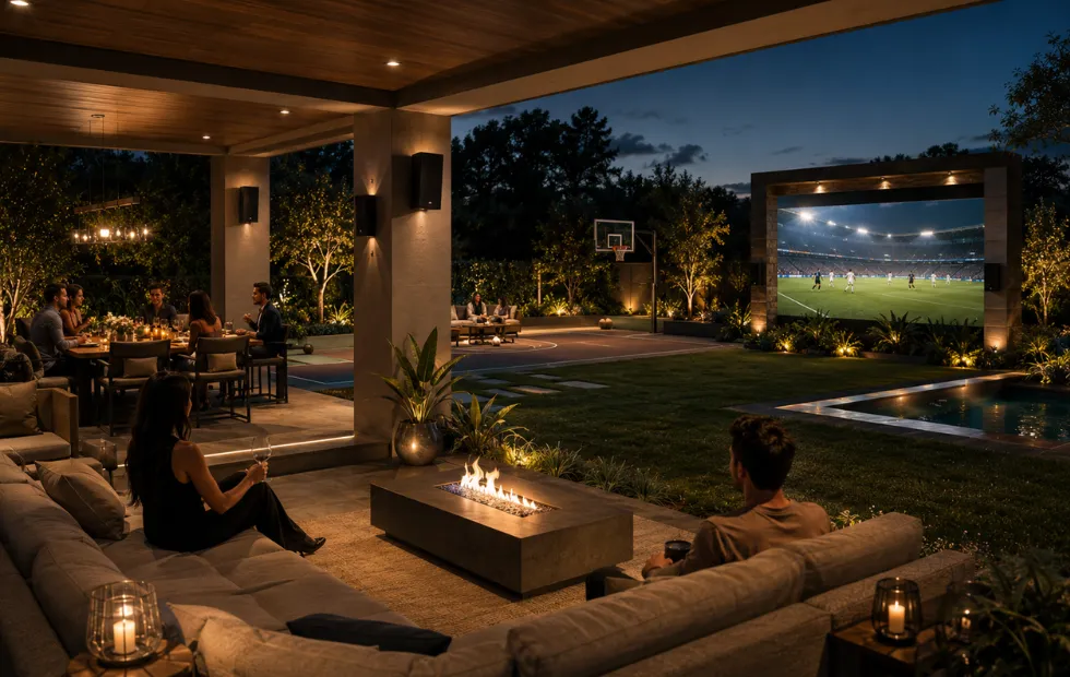 Entretenimiento exterior en terraza y jardín con audio video y pantalla DG Audiosound