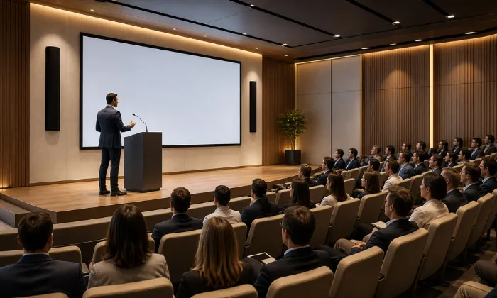 Auditorio corporativo con proyección y audio profesional